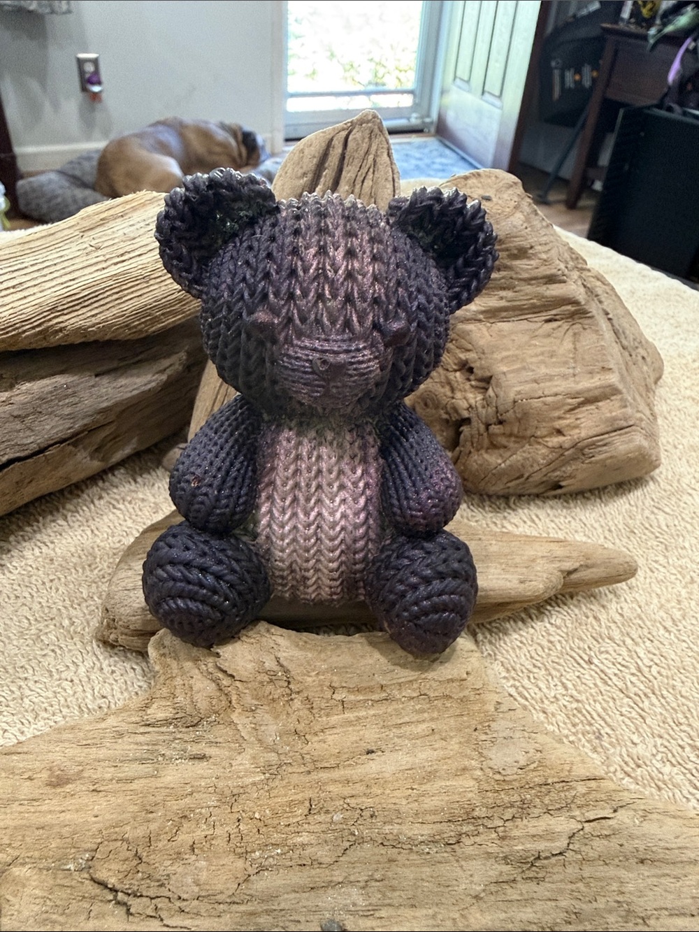 Handcrafted Knit Bear Sculpture in Deep Purple and Lavender